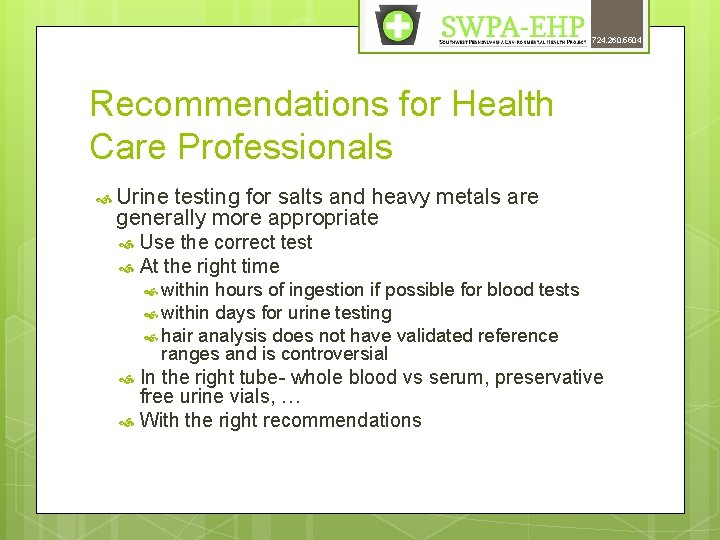 724. 260. 5504 Recommendations for Health Care Professionals Urine testing for salts and heavy