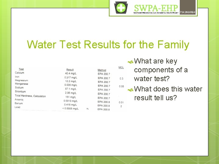 724. 260. 5504 Water Test Results for the Family What are key components of