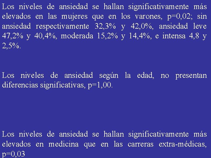 Los niveles de ansiedad se hallan significativamente más elevados en las mujeres que en Los niveles de ansiedad se hallan significativamente más elevados en las mujeres que en