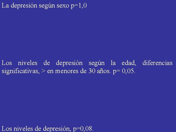 La depresión según sexo p=1, 0 Los niveles de depresión según la edad, diferencias La depresión según sexo p=1, 0 Los niveles de depresión según la edad, diferencias