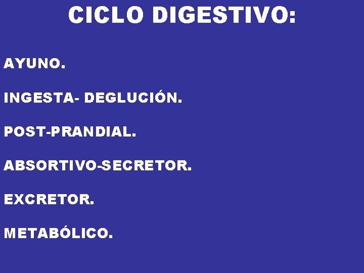 CICLO DIGESTIVO: AYUNO. INGESTA- DEGLUCIÓN. POST-PRANDIAL. ABSORTIVO-SECRETOR. EXCRETOR. METABÓLICO. CICLO DIGESTIVO: AYUNO. INGESTA- DEGLUCIÓN. POST-PRANDIAL. ABSORTIVO-SECRETOR. EXCRETOR. METABÓLICO.