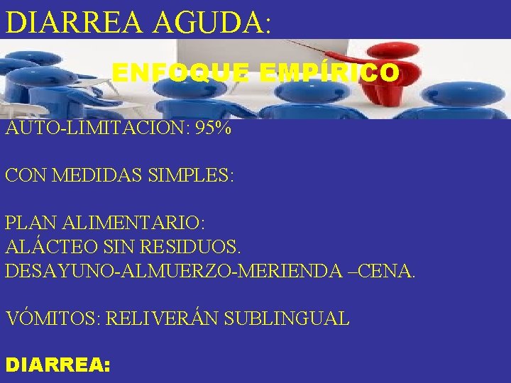 DIARREA AGUDA: ENFOQUE EMPÍRICO AUTO-LIMITACIÓN: 95% CON MEDIDAS SIMPLES: PLAN ALIMENTARIO: ALÁCTEO SIN RESIDUOS. DIARREA AGUDA: ENFOQUE EMPÍRICO AUTO-LIMITACIÓN: 95% CON MEDIDAS SIMPLES: PLAN ALIMENTARIO: ALÁCTEO SIN RESIDUOS.
