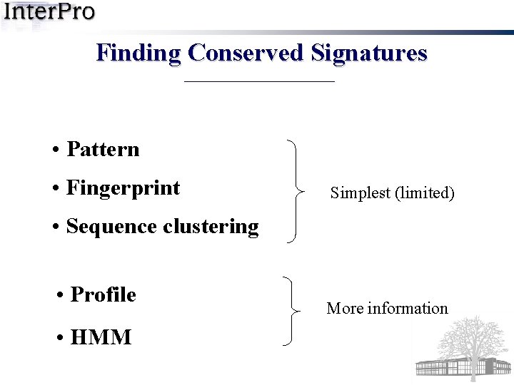 Finding Conserved Signatures • Pattern • Fingerprint Simplest (limited) • Sequence clustering • Profile