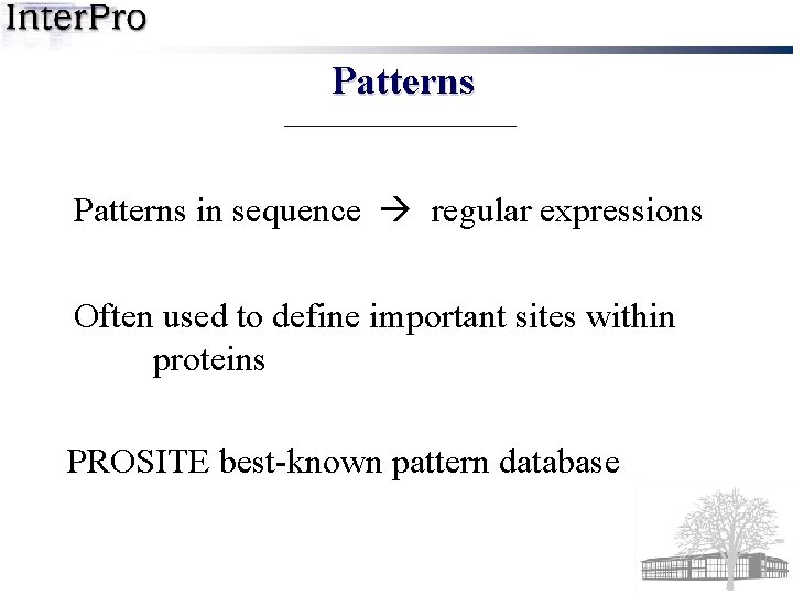 Patterns in sequence regular expressions Often used to define important sites within proteins PROSITE