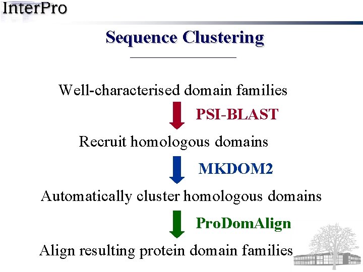 Sequence Clustering Well-characterised domain families PSI-BLAST Recruit homologous domains MKDOM 2 Automatically cluster homologous