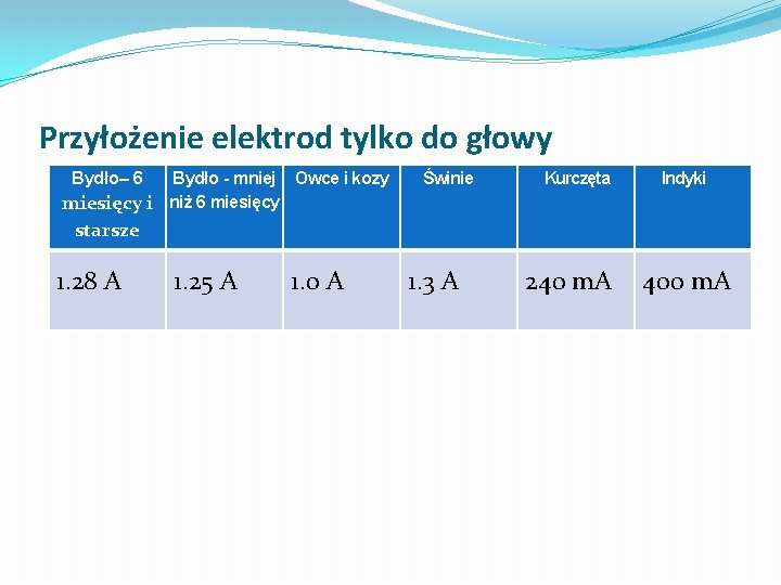 Przyłożenie elektrod tylko do głowy Bydło– 6 Bydło - mniej Owce i kozy miesięcy