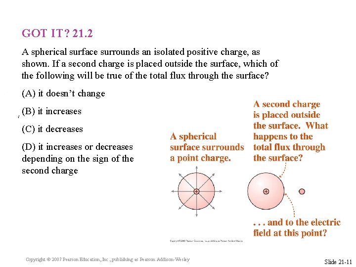 GOT IT? 21. 2 A spherical surface surrounds an isolated positive charge, as shown.