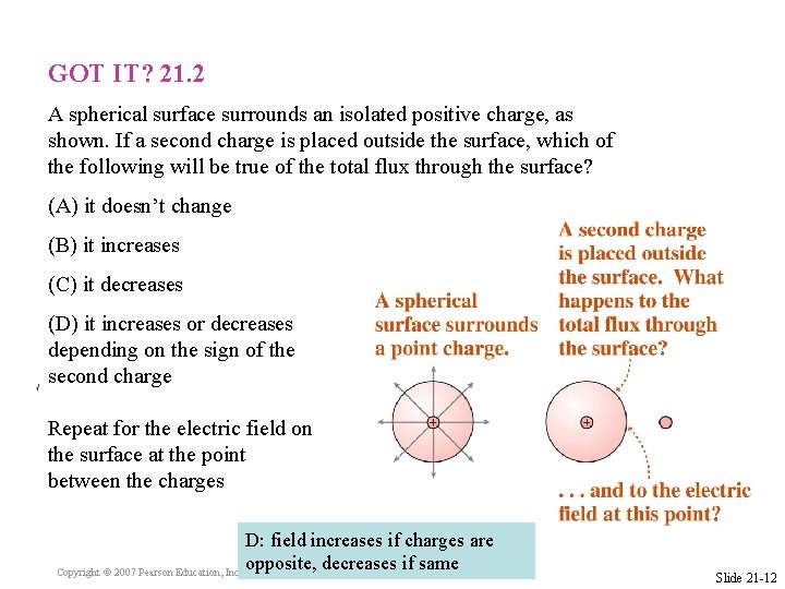 GOT IT? 21. 2 A spherical surface surrounds an isolated positive charge, as shown.