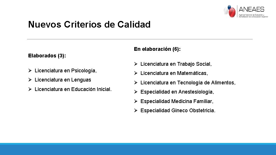 Nuevos Criterios de Calidad En elaboración (6): Elaborados (3): Ø Licenciatura en Trabajo Social,