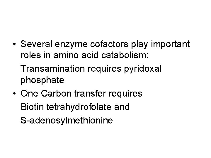  • Several enzyme cofactors play important roles in amino acid catabolism: Transamination requires