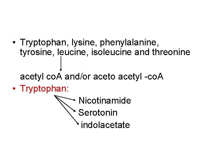  • Tryptophan, lysine, phenylalanine, tyrosine, leucine, isoleucine and threonine acetyl co. A and/or