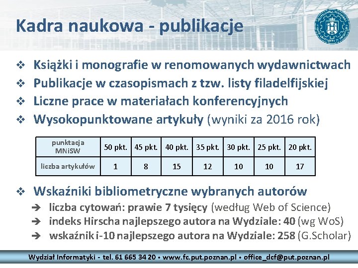 Kadra naukowa - publikacje v v Książki i monografie w renomowanych wydawnictwach Publikacje w