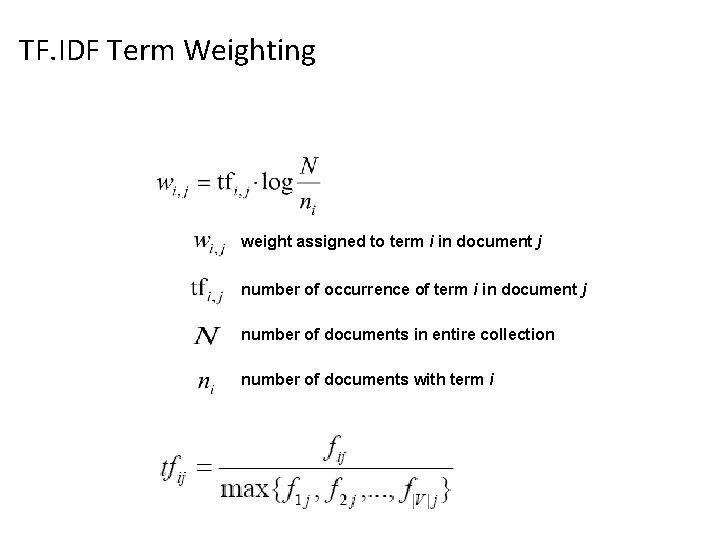 TF. IDF Term Weighting weight assigned to term i in document j number of TF. IDF Term Weighting weight assigned to term i in document j number of
