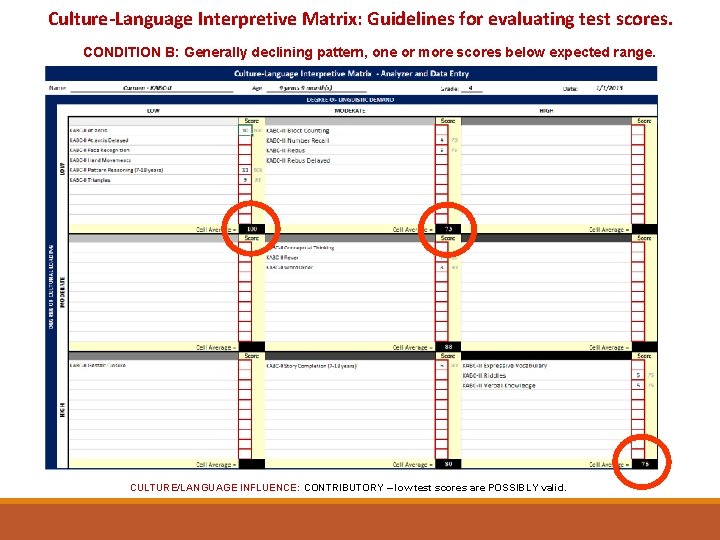 Culture-Language Interpretive Matrix: Guidelines for evaluating test scores. CONDITION B: Generally declining pattern, one