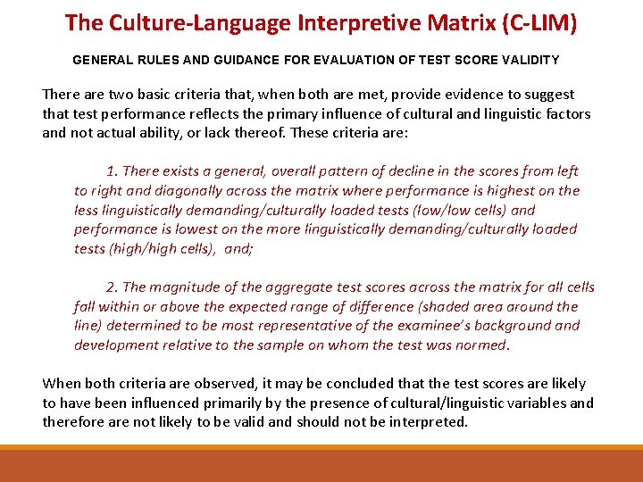 The Culture-Language Interpretive Matrix (C-LIM) GENERAL RULES AND GUIDANCE FOR EVALUATION OF TEST SCORE