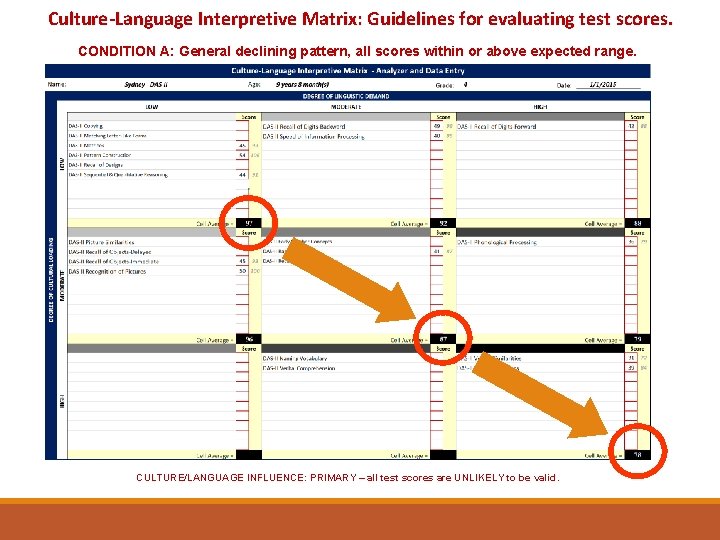 Culture-Language Interpretive Matrix: Guidelines for evaluating test scores. CONDITION A: General declining pattern, all