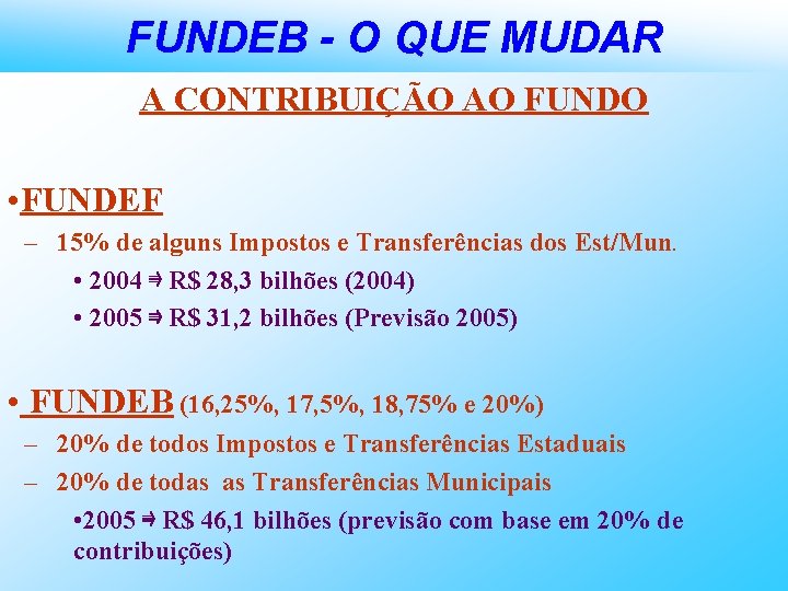 FUNDEB - O QUE MUDAR A CONTRIBUIÇÃO AO FUNDO • FUNDEF – 15% de