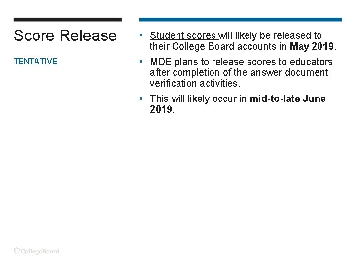 Score Release • Student scores will likely be released to their College Board accounts