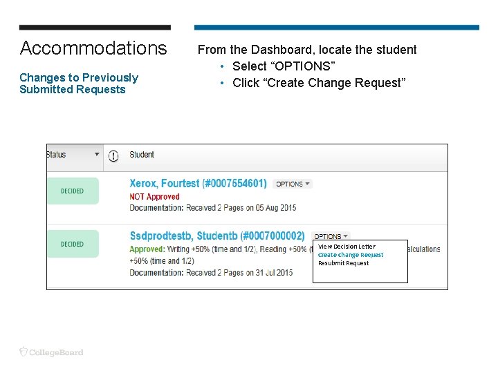 Accommodations Changes to Previously Submitted Requests From the Dashboard, locate the student • Select Accommodations Changes to Previously Submitted Requests From the Dashboard, locate the student • Select