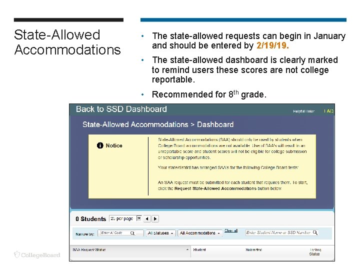State-Allowed Accommodations • The state-allowed requests can begin in January and should be entered State-Allowed Accommodations • The state-allowed requests can begin in January and should be entered