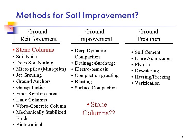 Methods for Soil Improvement? Ground Reinforcement • Stone Columns • • • Soil Nails