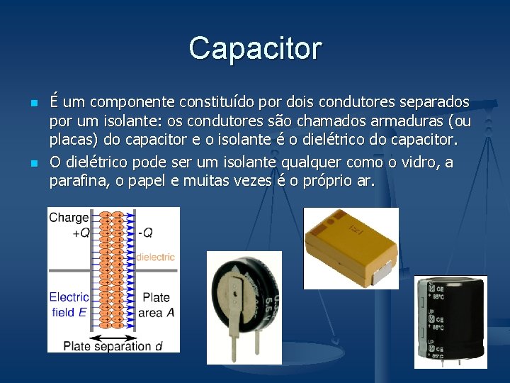 Capacitor n n É um componente constituído por dois condutores separados por um isolante: