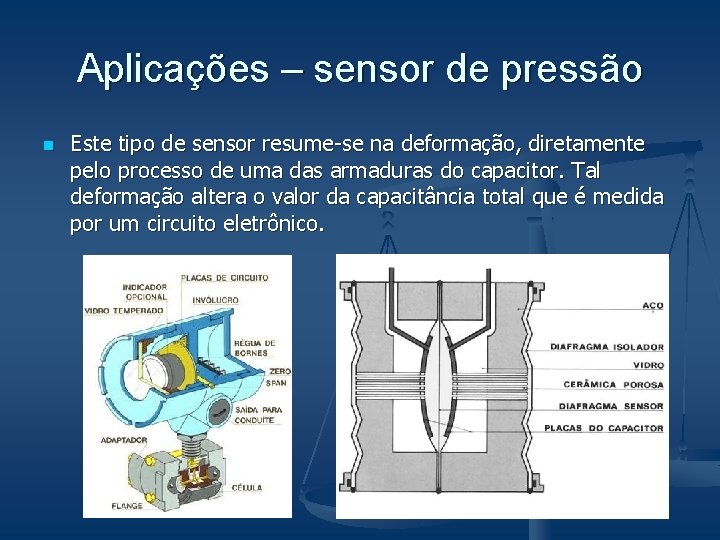 Aplicações – sensor de pressão n Este tipo de sensor resume-se na deformação, diretamente