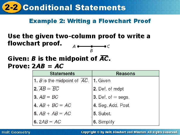 2 -2 Conditional Statements Example 2: Writing a Flowchart Proof Use the given two-column 2 -2 Conditional Statements Example 2: Writing a Flowchart Proof Use the given two-column