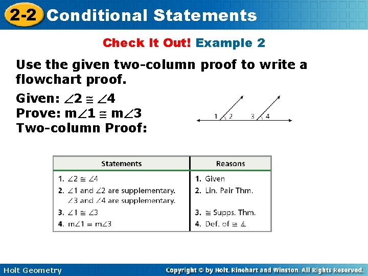 2 -2 Conditional Statements Check It Out! Example 2 Use the given two-column proof 2 -2 Conditional Statements Check It Out! Example 2 Use the given two-column proof