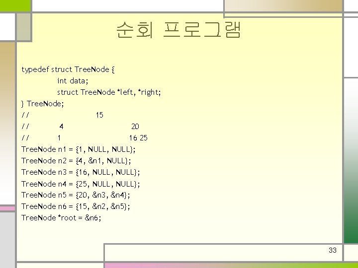 순회 프로그램 typedef struct Tree. Node { int data; struct Tree. Node *left, *right;