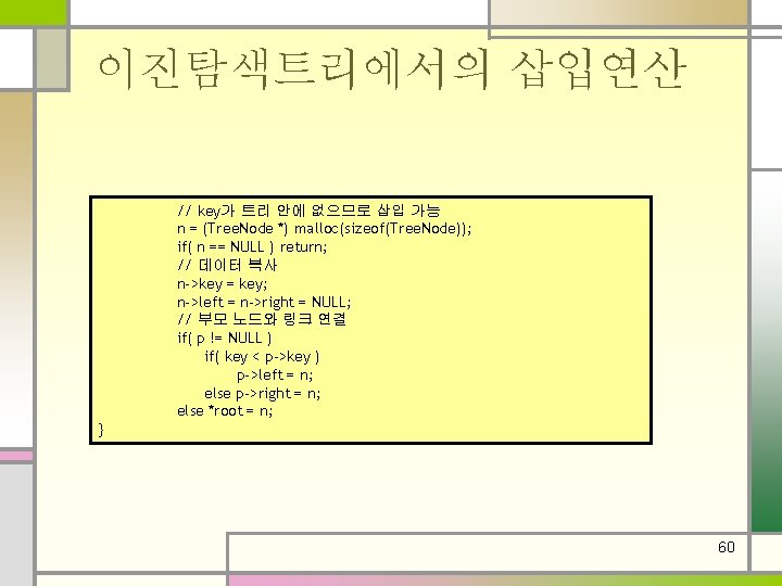 이진탐색트리에서의 삽입연산 // key가 트리 안에 없으므로 삽입 가능 n = (Tree. Node *)