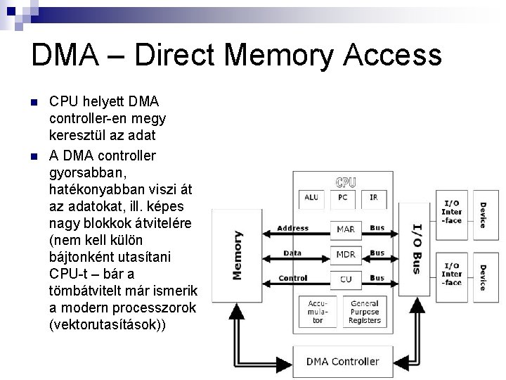 DMA – Direct Memory Access n n CPU helyett DMA controller-en megy keresztül az