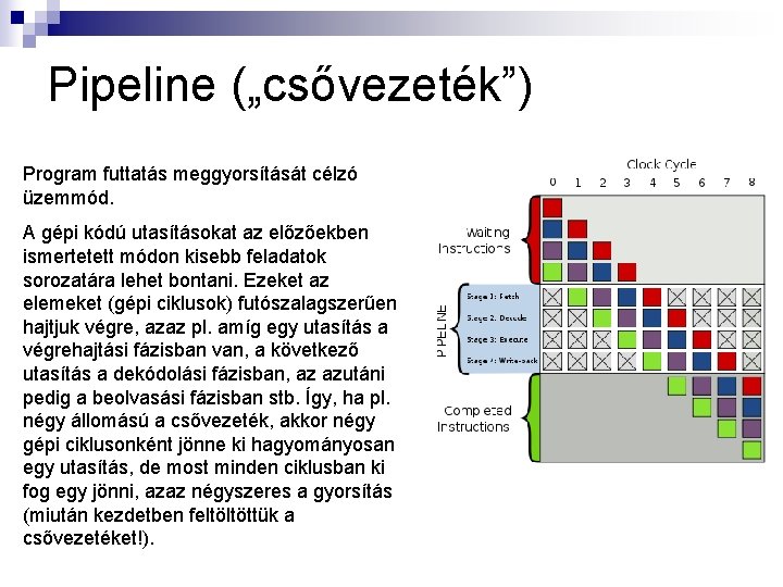 Pipeline („csővezeték”) Program futtatás meggyorsítását célzó üzemmód. A gépi kódú utasításokat az előzőekben ismertetett