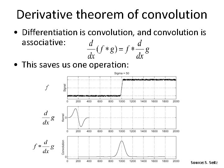 Derivative theorem of convolution • Differentiation is convolution, and convolution is associative: • This