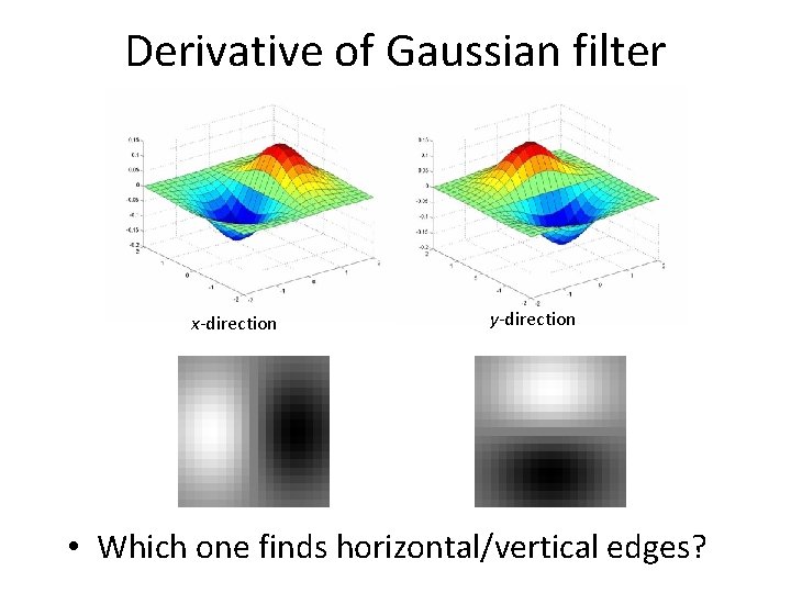 Derivative of Gaussian filter x-direction y-direction • Which one finds horizontal/vertical edges? 