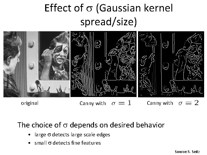 Effect of (Gaussian kernel spread/size) original Canny with The choice of depends on desired