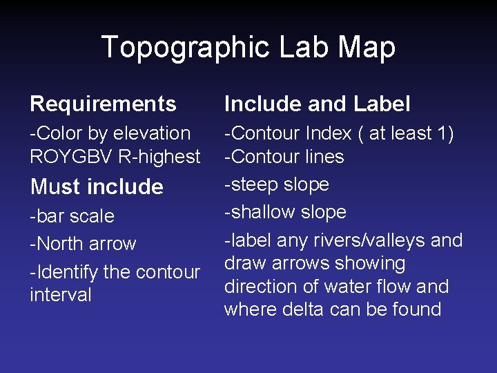 Topographic Lab Map Requirements -Color by elevation ROYGBV R-highest Include and Label -Contour Index Topographic Lab Map Requirements -Color by elevation ROYGBV R-highest Include and Label -Contour Index