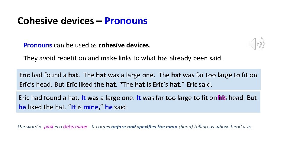 Cohesive devices – Pronouns can be used as cohesive devices. They avoid repetition and