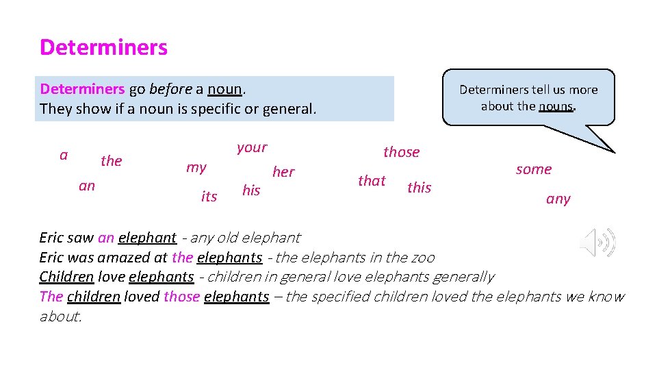 Determiners go before a noun. They show if a noun is specific or general.