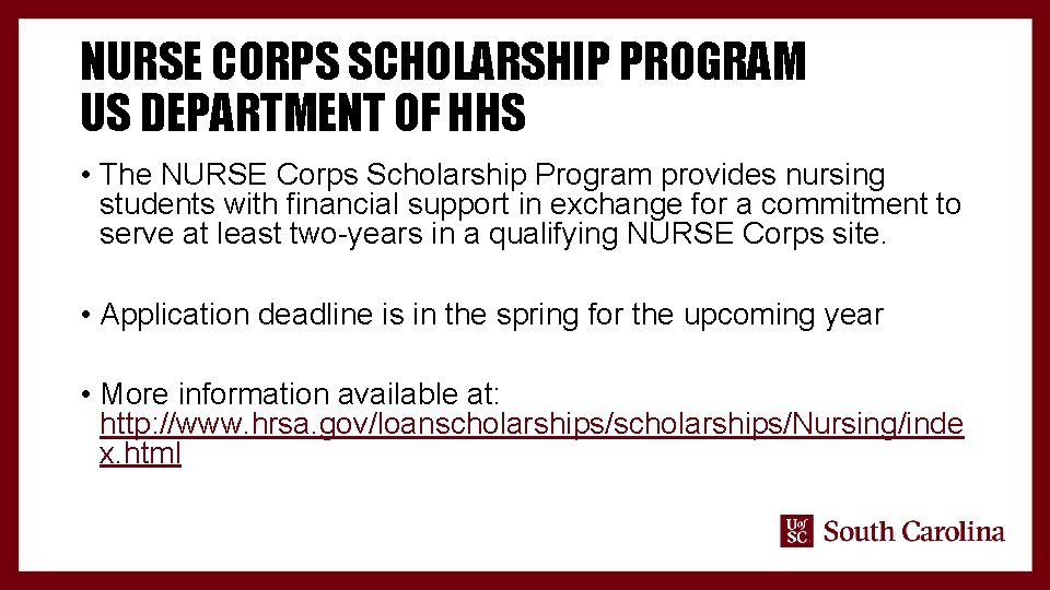 NURSE CORPS SCHOLARSHIP PROGRAM US DEPARTMENT OF HHS • The NURSE Corps Scholarship Program