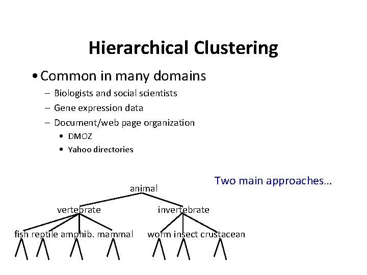 Hierarchical Clustering • Common in many domains – Biologists and social scientists – Gene