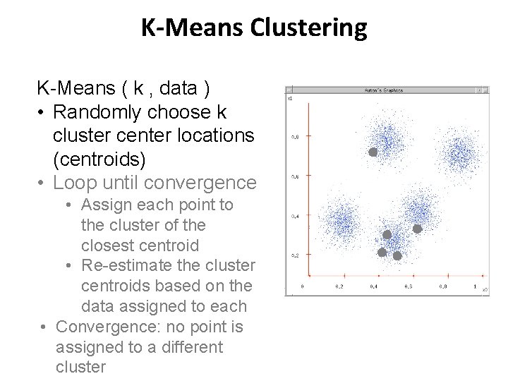 K-Means Clustering K-Means ( k , data ) • Randomly choose k cluster center