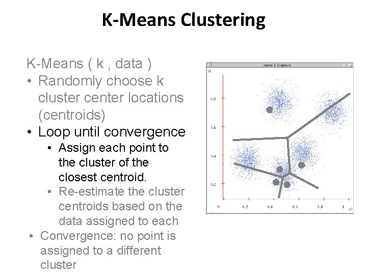 K-Means Clustering K-Means ( k , data ) • Randomly choose k cluster center