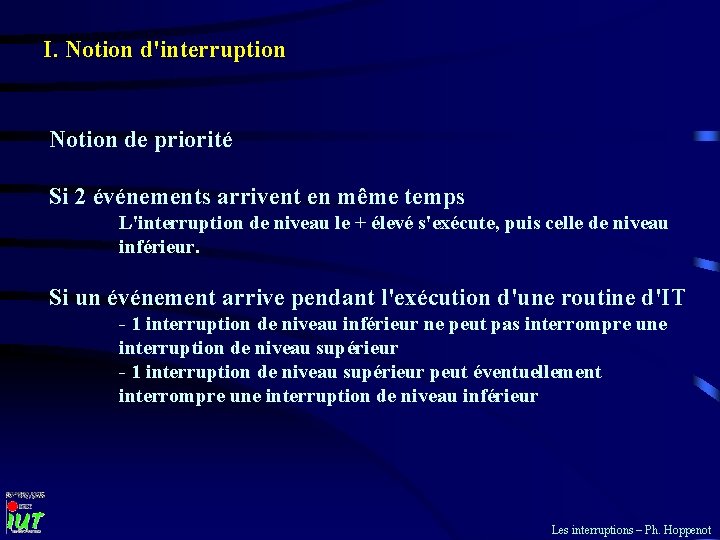 I. Notion d'interruption Notion de priorité Si 2 événements arrivent en même temps L'interruption I. Notion d'interruption Notion de priorité Si 2 événements arrivent en même temps L'interruption