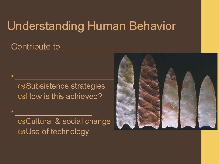 Understanding Human Behavior Contribute to ________ • _____________ Subsistence strategies How is this achieved?