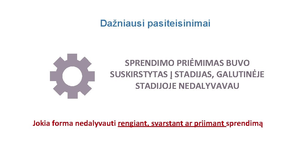 Dažniausi pasiteisinimai SPRENDIMO PRIĖMIMAS BUVO SUSKIRSTYTAS Į STADIJAS, GALUTINĖJE STADIJOJE NEDALYVAVAU Jokia forma nedalyvauti