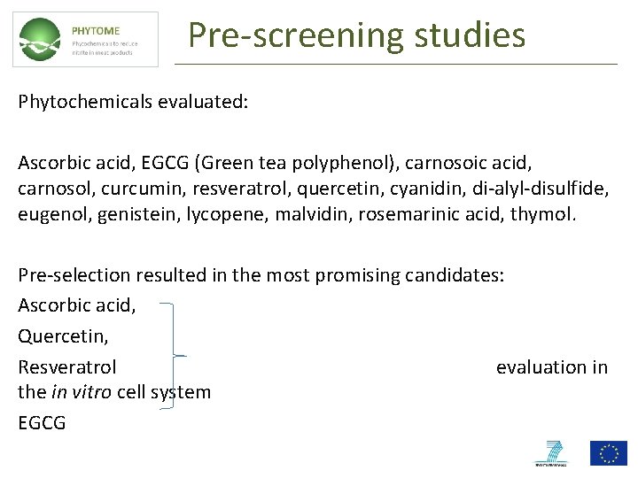 Pre-screening studies Phytochemicals evaluated: Ascorbic acid, EGCG (Green tea polyphenol), carnosoic acid, carnosol, curcumin,