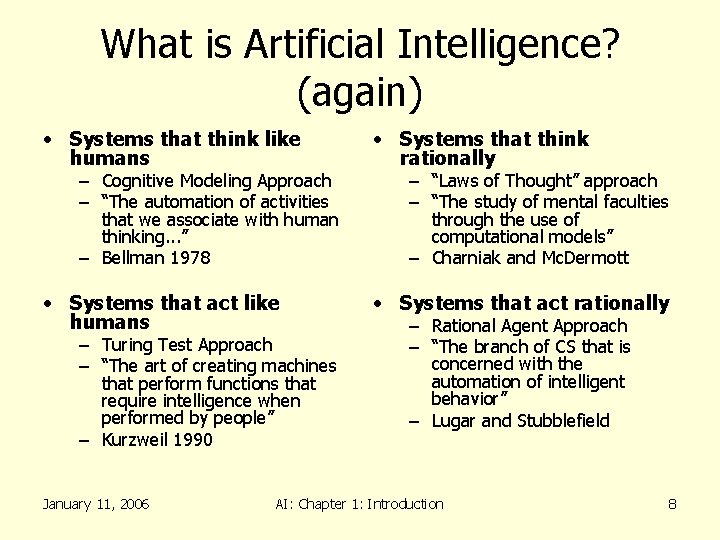 What is Artificial Intelligence? (again) • Systems that think like humans • Systems that