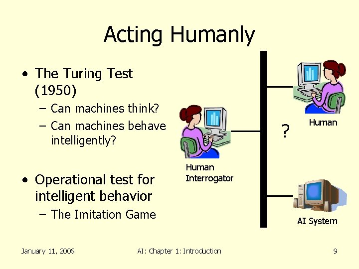 Acting Humanly • The Turing Test (1950) – Can machines think? – Can machines