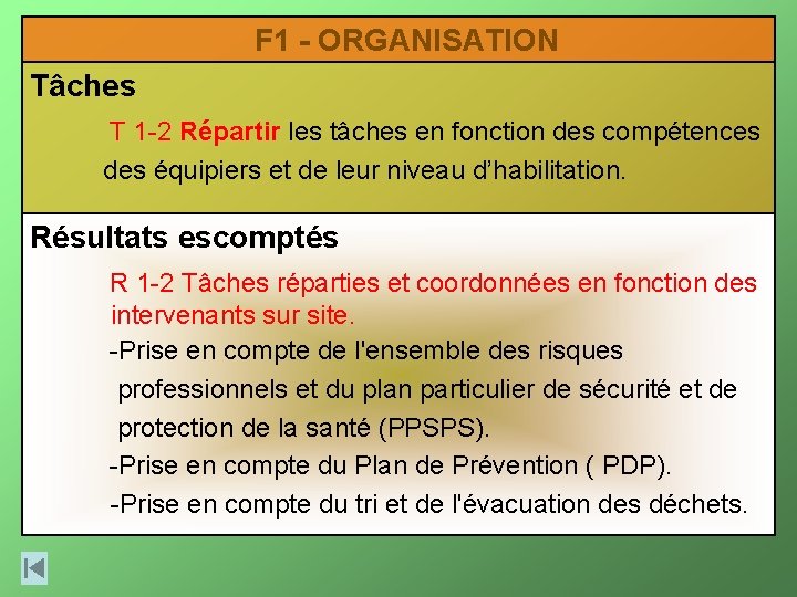 F 1 - ORGANISATION Tâches T 1 -2 Répartir les tâches en fonction des F 1 - ORGANISATION Tâches T 1 -2 Répartir les tâches en fonction des
